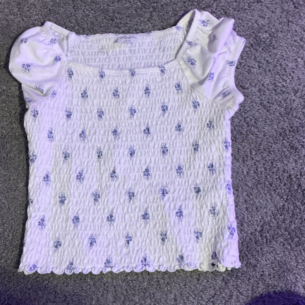 abercrombie kids White Smocked Puff-Sleeve Top with Blue Floral Motif